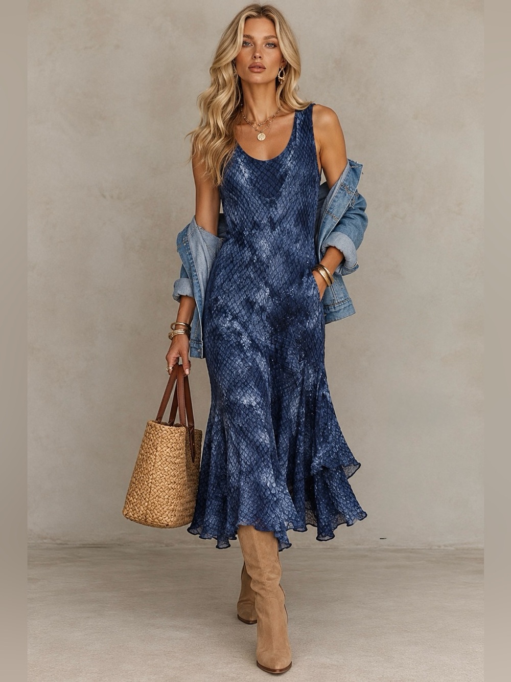 Luna Luz Margarita Blue Tie Dye Linen Rayon Fit Flare Midi Dress Large